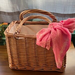 Wicker Basket Purse with Pink Scarf Accent